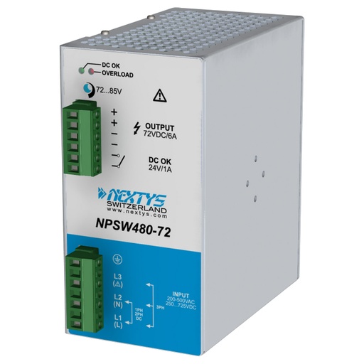 [ASINPSW480-72] 72V, 1-2-3 Phase Compact DIN Rail Power Supply, Output 70-85Vdc, 6A