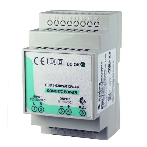 [XCSD1030W012VAA] Compact DIN Rail Power Supply, 12 Vdc (Adjustable from 5-15 Vdc), 85-264Vac/100-370 Vdc Input, UL508 Listed, 4-2 A Output, 30 Watt, Class 2, IP20