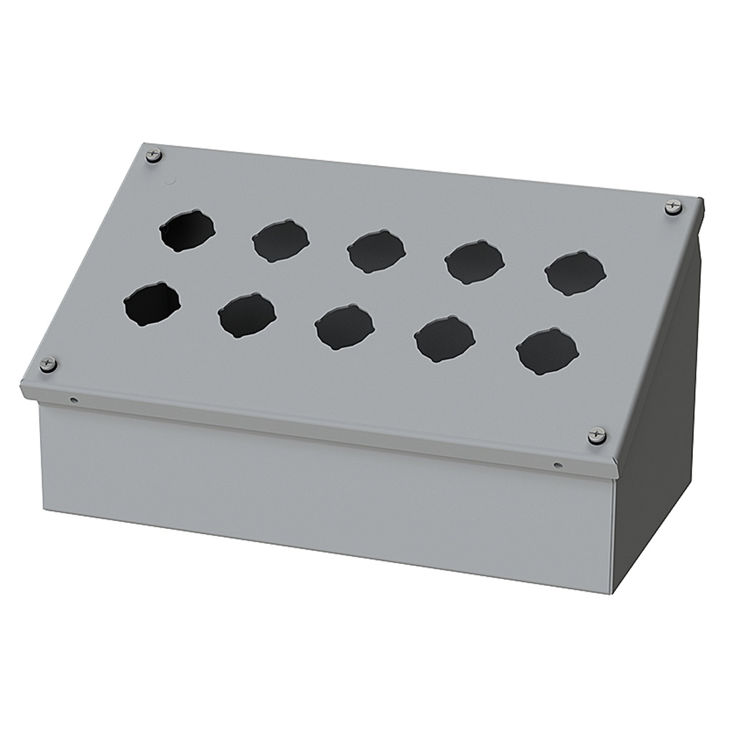 Push Button Enclosure, Sloping Front, 30.5mm Hole, 10 Hole, Steel, Gray