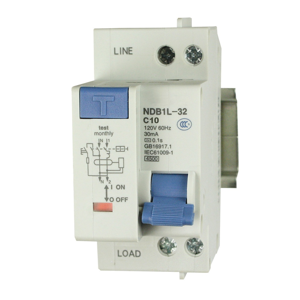 10 Amp GFCI Circuit Breaker 1P + N Pole, 120V AC, Trip Curve: C, 30mA Earth Leakage, DIN Rail Mount Miniature Circuit Breaker, 36mm Width, UL1053 Recognized