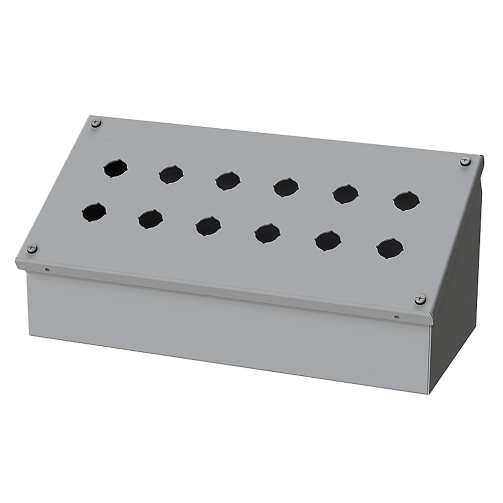 Push Button Enclosure, Sloping Front, 22.5mm Hole, 12 Hole, Steel, Gray