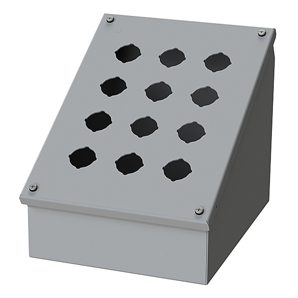 Push Button Enclosure, Sloping Front, 30.5mm Hole, 12 Hole, Steel, Gray