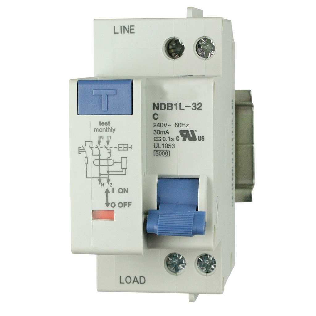 16 Amp GFCI Circuit Breaker 1P + N Pole, 240V AC, Trip Curve: C, 30mA Earth Leakage, DIN Rail Mount Miniature Circuit Breaker, 36mm Width, UL1053 Recognized