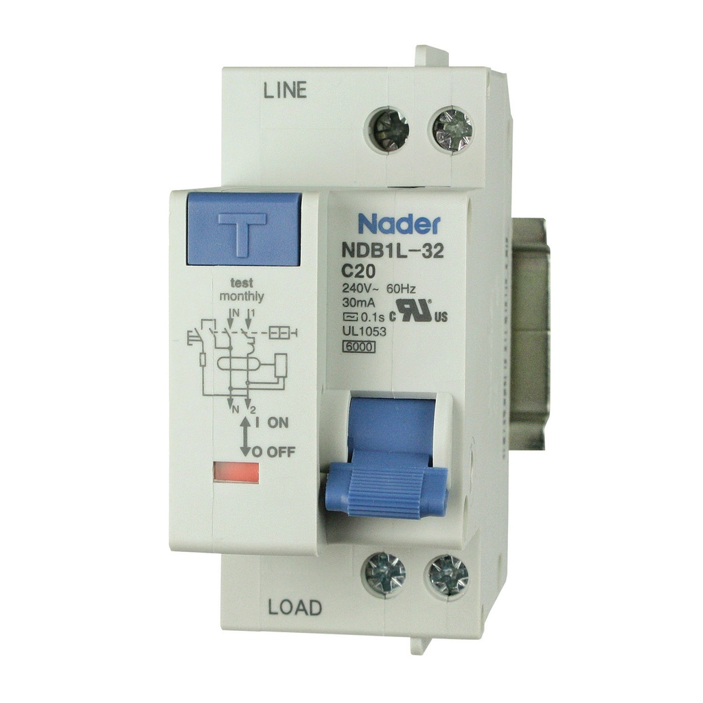 20 Amp GFCI Circuit Breaker 1P + N Pole, 240V AC, Trip Curve: C, 30mA Earth Leakage, DIN Rail Mount Miniature Circuit Breaker, 36mm Width, UL1053 Recognized