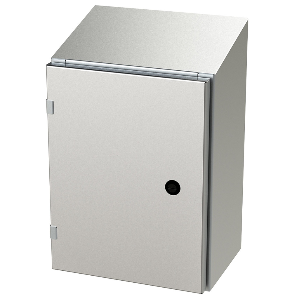 NEMA 4X Enclosure, Slope Top, Wallmount, 16" H x 12" W x 8" D, 304 Stainless Steel