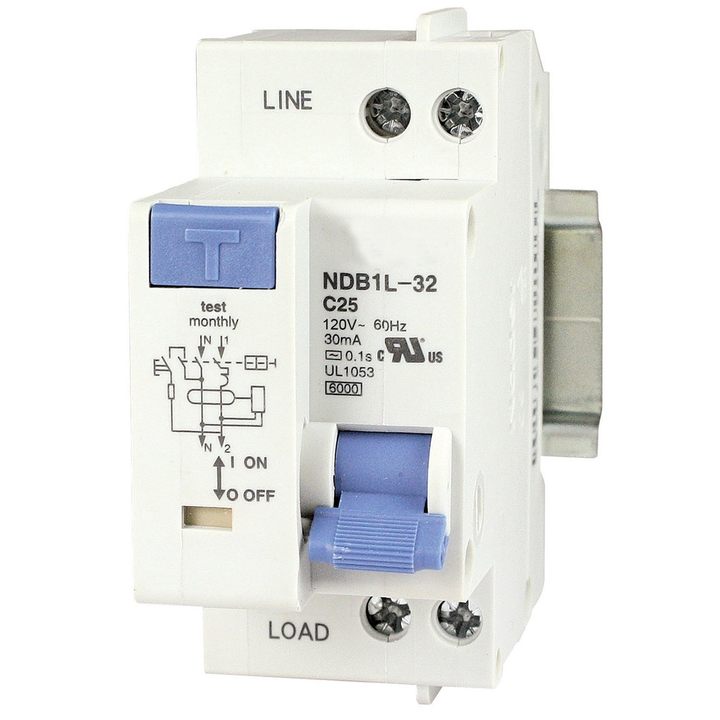 25 Amp GFCI Circuit Breaker, 120V AC, Trip Curve: C, 30mA Earth Leakage, DIN Rail Mount, UL1053