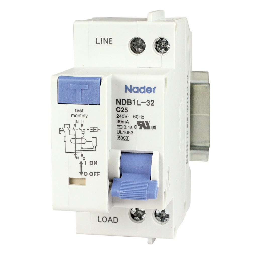 25 Amp GFCI Circuit Breaker 1P + N Pole, 240V AC, Trip Curve: C, 30mA Earth Leakage, DIN Rail Mount Miniature Circuit Breaker, 36mm Width, UL1053 Recognized