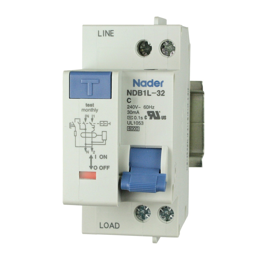 ASI NDB1L-32C-32-240V Ground Fault Circuit Breaker DIN Rail Mount, UL1053 Recognized at 32 Amps, 240V AC