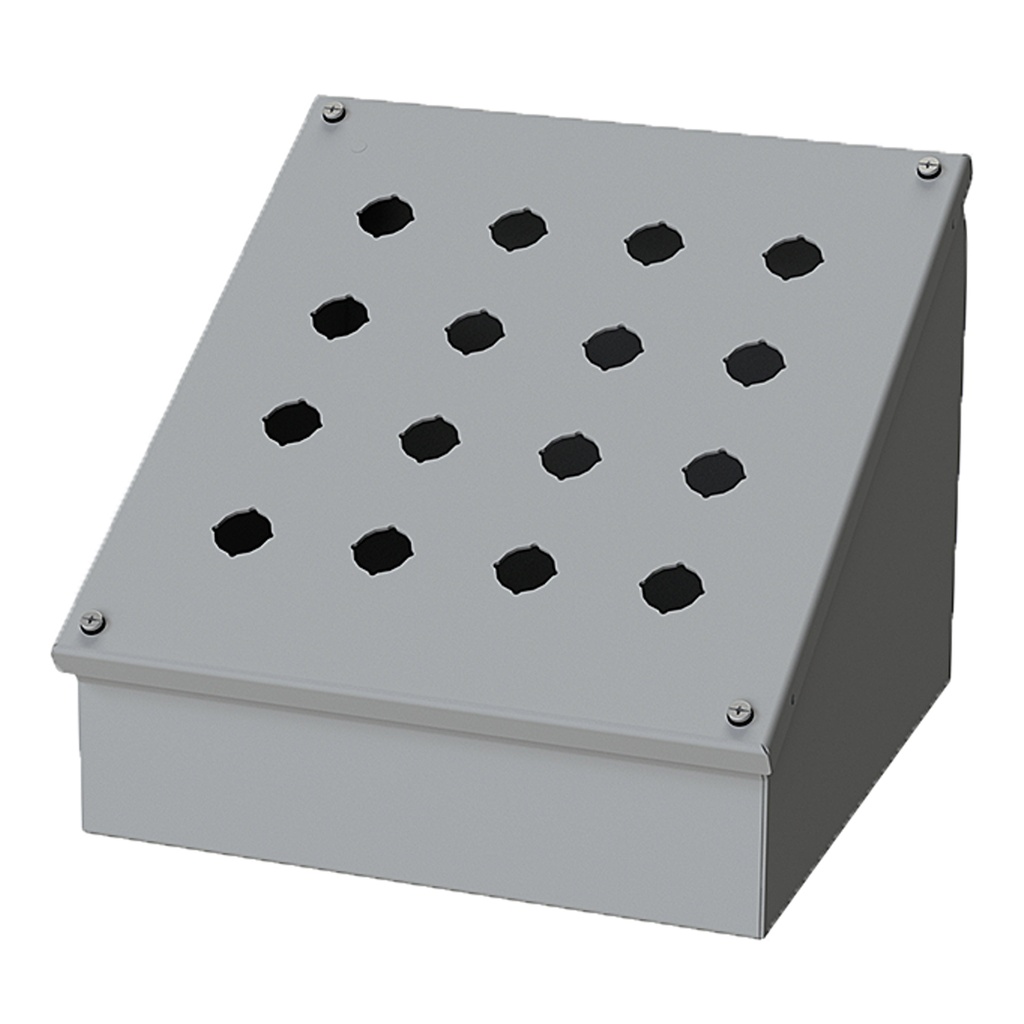 Push Button Enclosure, Sloping Front, 22.5mm Hole, 16 Hole, Steel, Gray