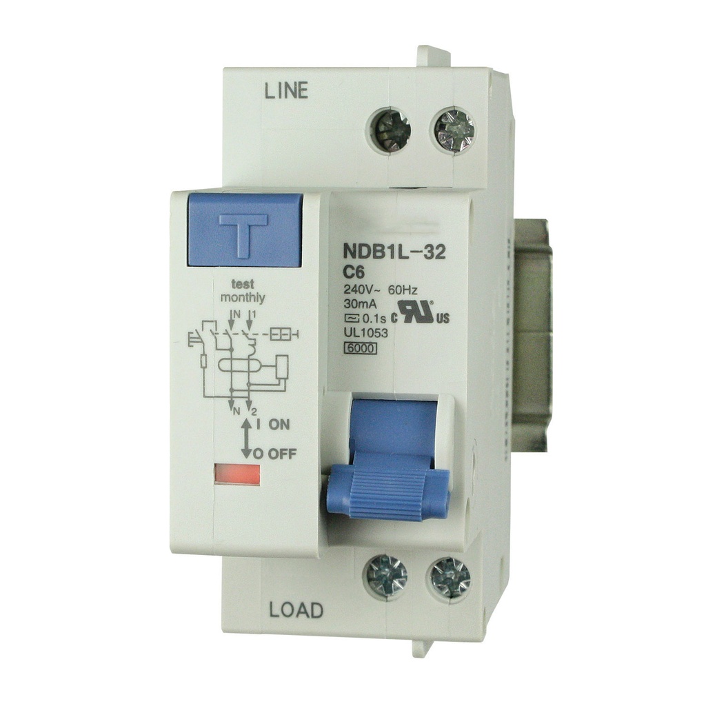 6 Amp GFCI Circuit Breaker, 240V AC, Trip Curve: C, 30mA Earth Leakage, DIN Rail Mount, UL1053