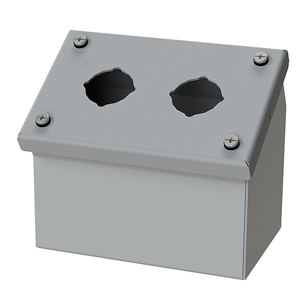 Push Button Enclosure, Sloping Front, 30.5mm Hole, 2 Hole, Steel, Gray