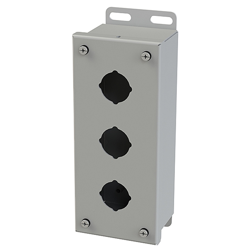 Push Button Enclosure, 30.5mm Hole, Three Hole, Steel, Gray