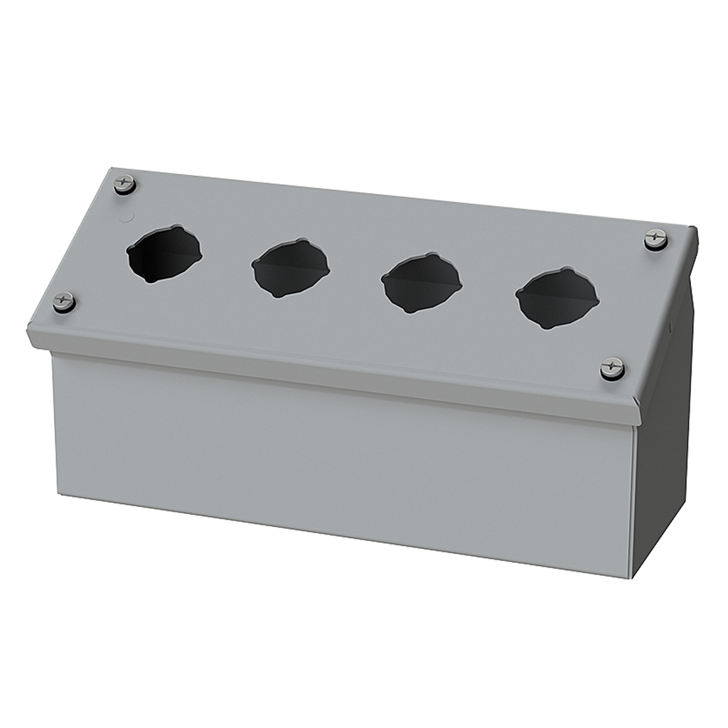 Push Button Enclosure, Sloping Front, 30.5mm Hole, 4 Hole, Steel, Gray