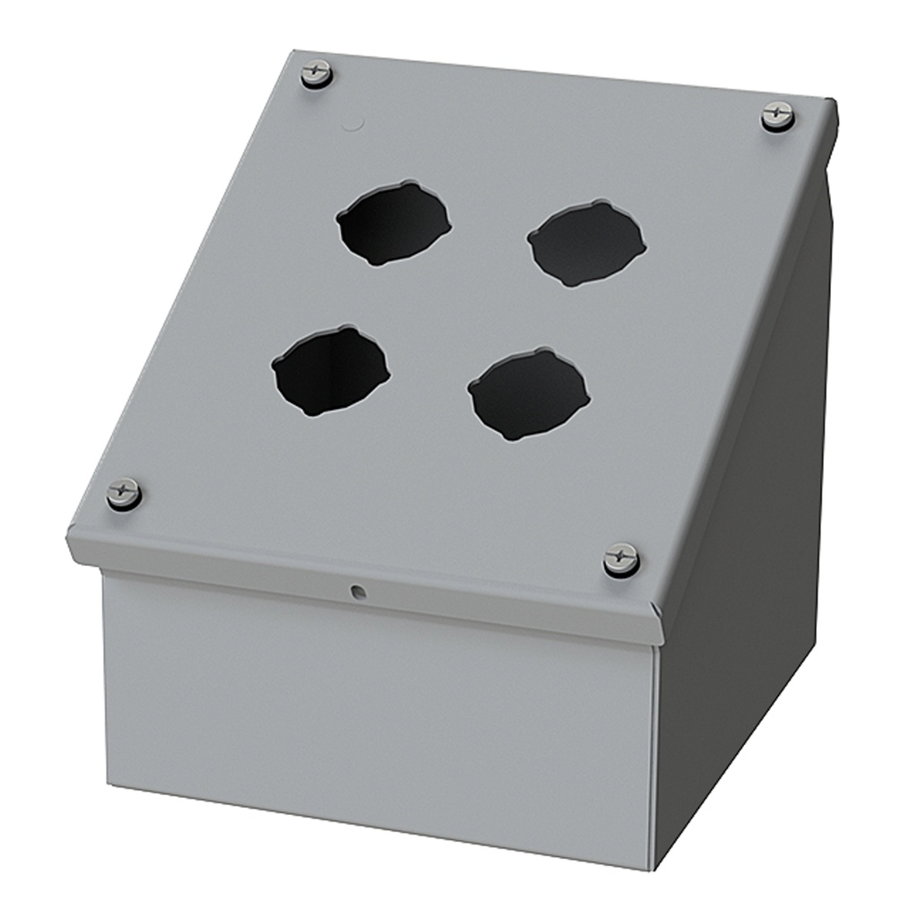 Push Button Enclosure, Sloping Front, 30.5mm Hole, 4 Hole, Steel, Gray