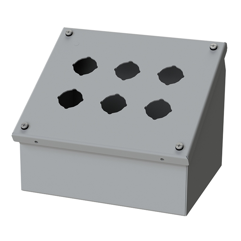 Push Button Enclosure, Sloping Front, 30.5mm Hole, 6 Hole, Steel, Gray