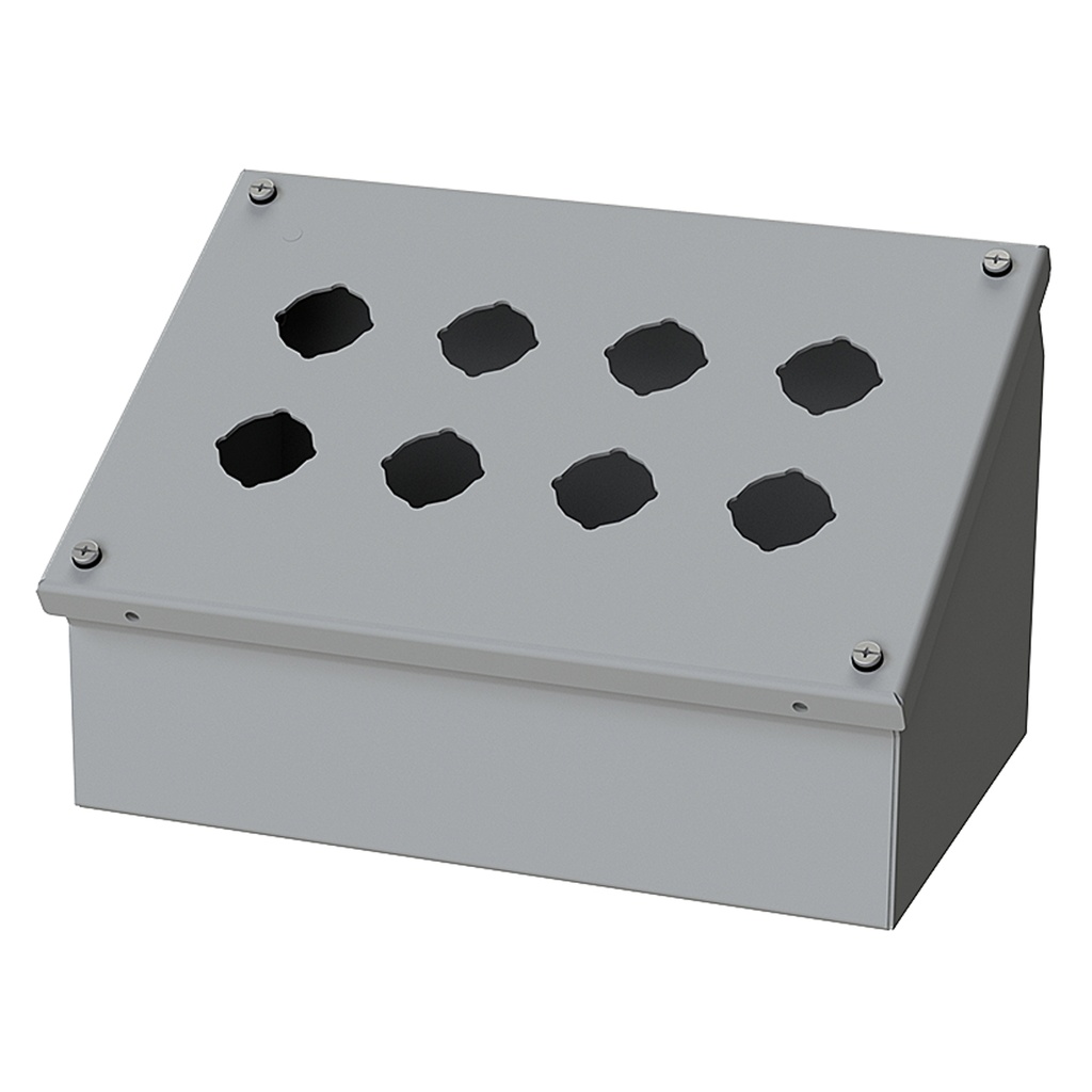 Push Button Enclosure, Sloping Front, 30.5mm Hole, 8 Hole, Steel, Gray