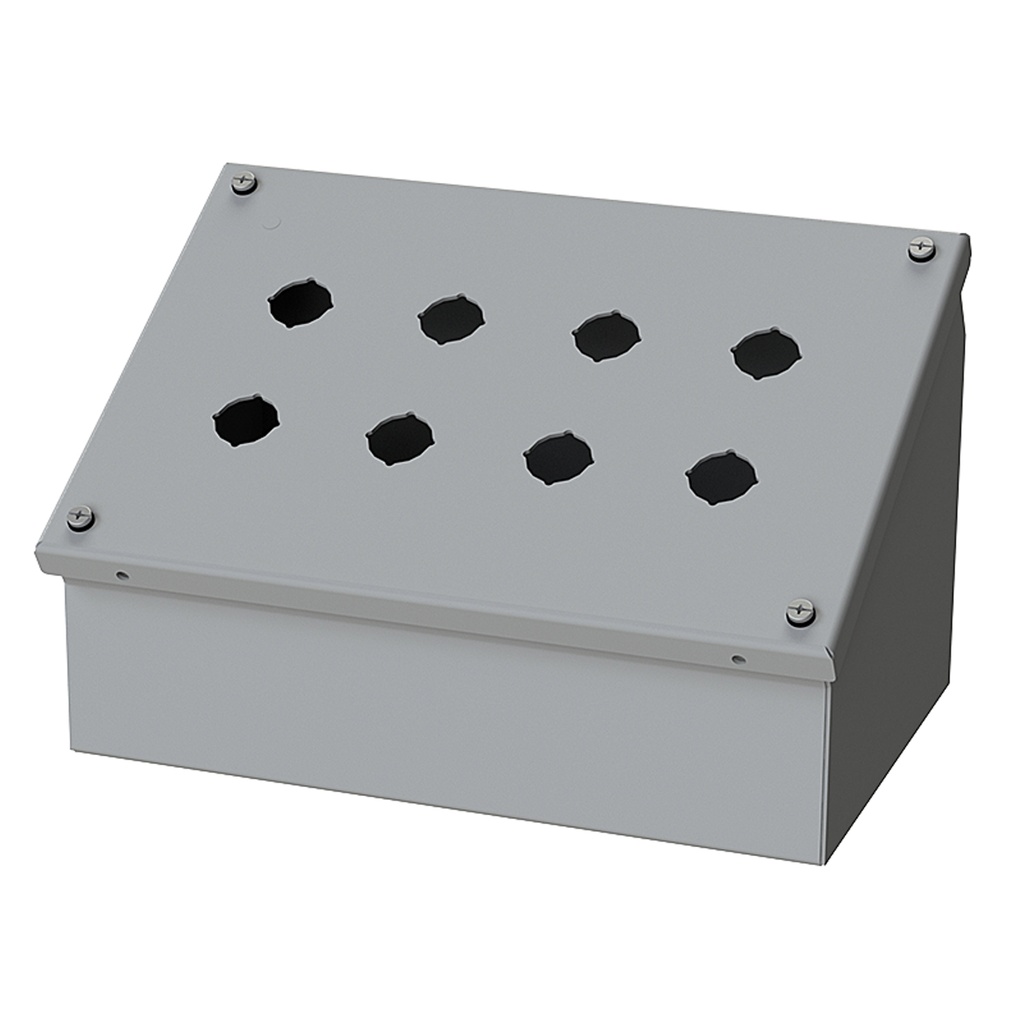 Push Button Enclosure, Sloping Front, 22.5mm Hole, 8 Hole, Steel, Gray