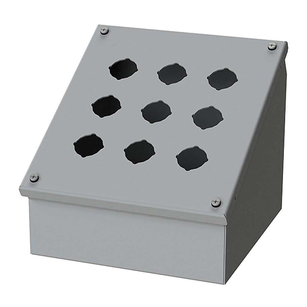 Push Button Enclosure, Sloping Front, 30.5mm Hole, 9 Hole, Steel, Gray