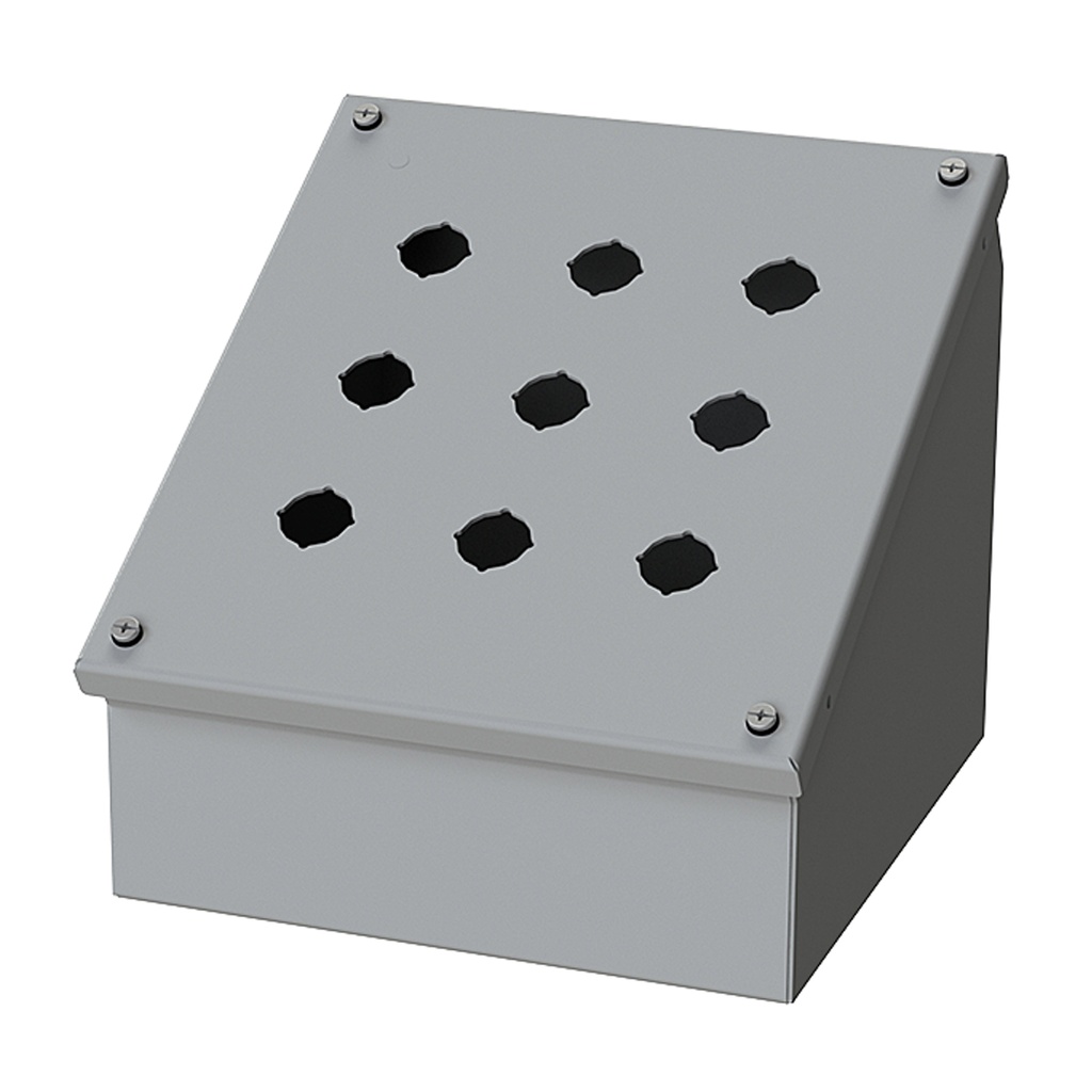 Push Button Enclosure, Sloping Front, 22.5mm Hole, 9 Hole, Steel, Gray