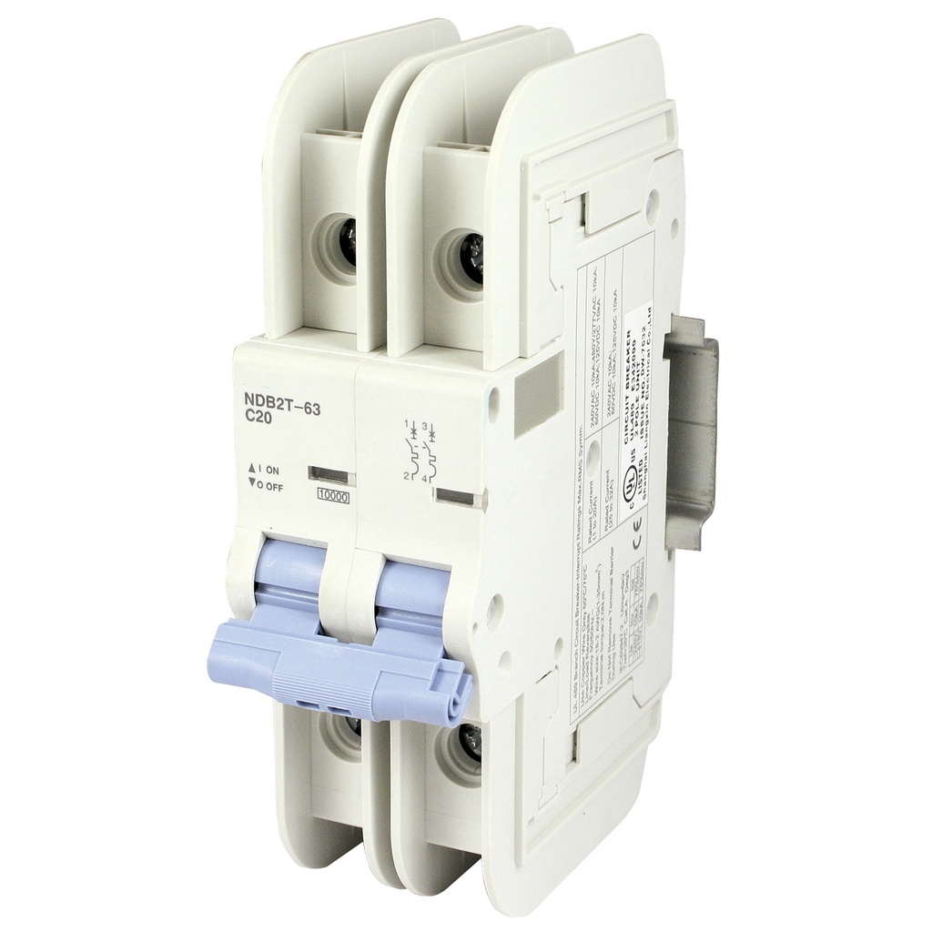 20 Amp, 2 Pole, 240/277/480YV AC, 60/125V DC, Trip Curve: C, DIN Rail Mount-Miniature Circuit Breaker, UL489