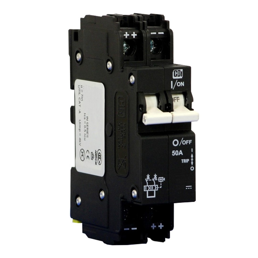 25 Amp, 2 Pole, 125 V DC, Trip Curve: C, Hydraulic Magnetic Circuit Breaker, DIN Rail Mount, UL 489A