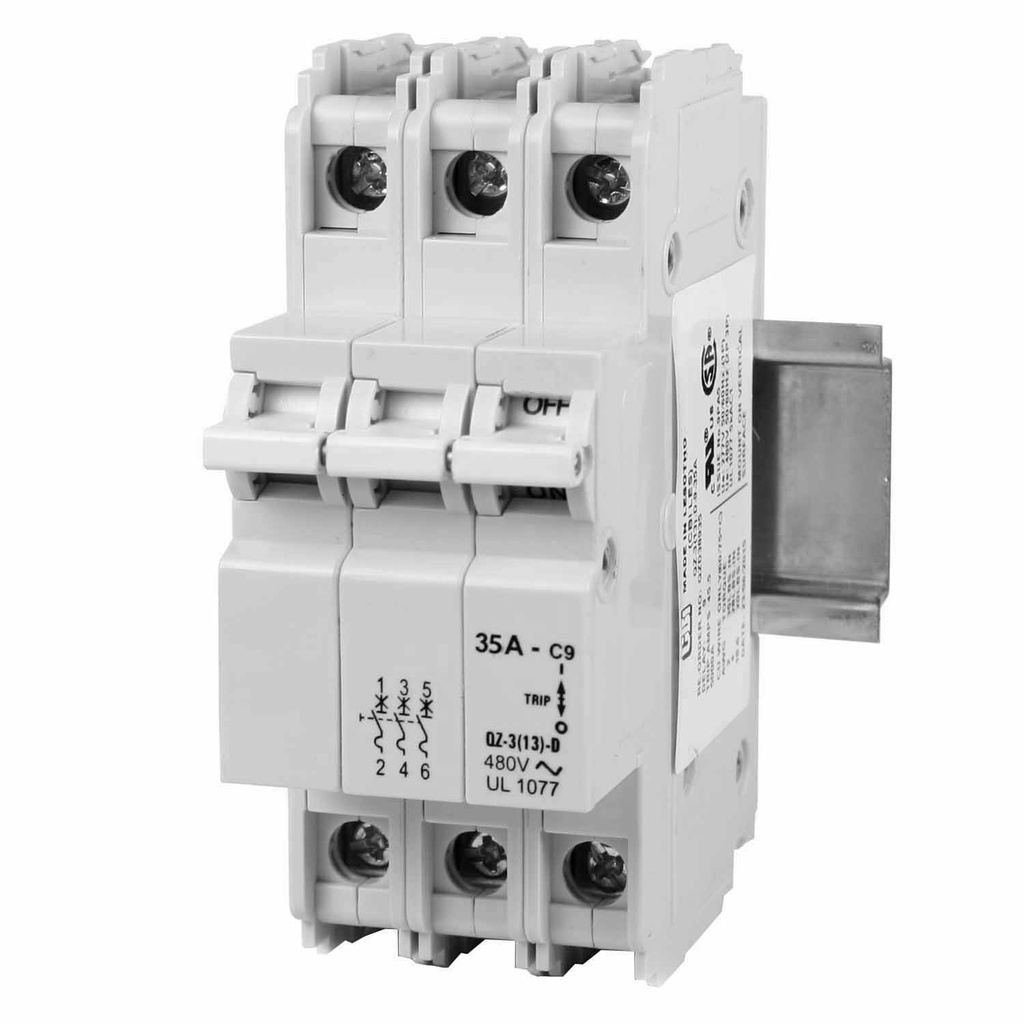 10 Amp 3 Pole Circuit Breaker, 277/480 V AC, DIN Rail Mounted, Long Trip Curve, 5 kA, UL 1077