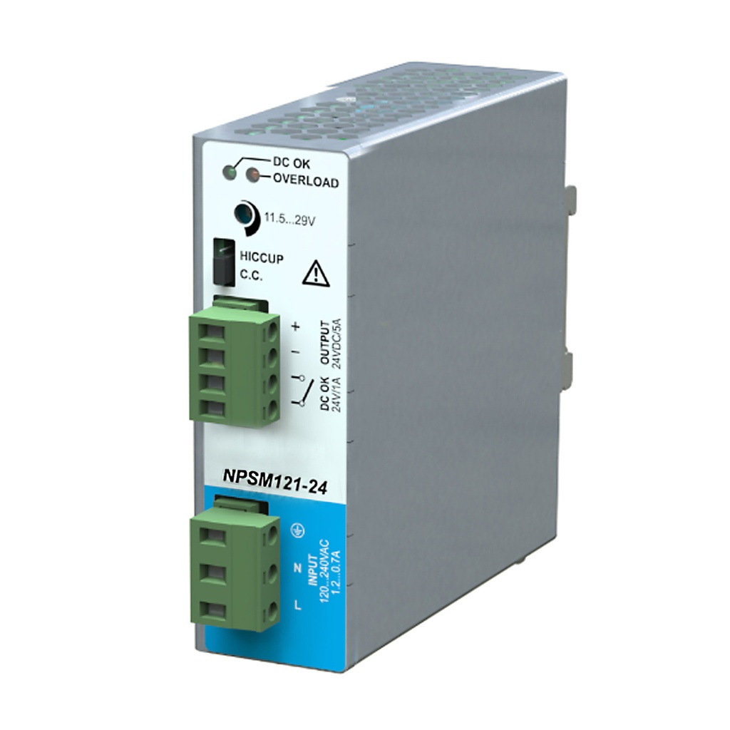 120/240V AC Input, Adjustable Output 12-28.5V DC Nominal 24V DC x 5A Output, Ultra-Thin, DIN Rail Mount Power Supply