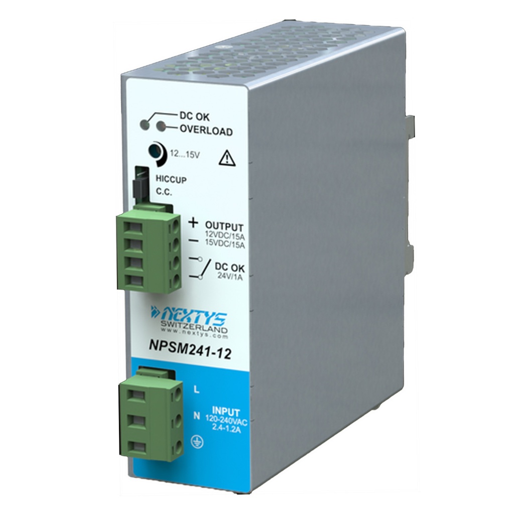 240W, 120/240VAC Input, 12/24VDC x 15A Output, DIN Rail Mount Power Supply, Compact Design