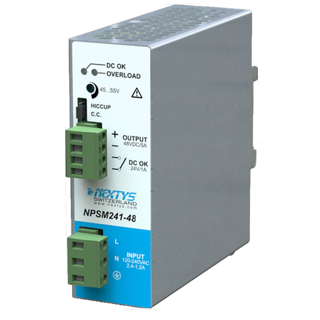 48V DC DIN Rail Power Supply, 5A, Parallel Operation.