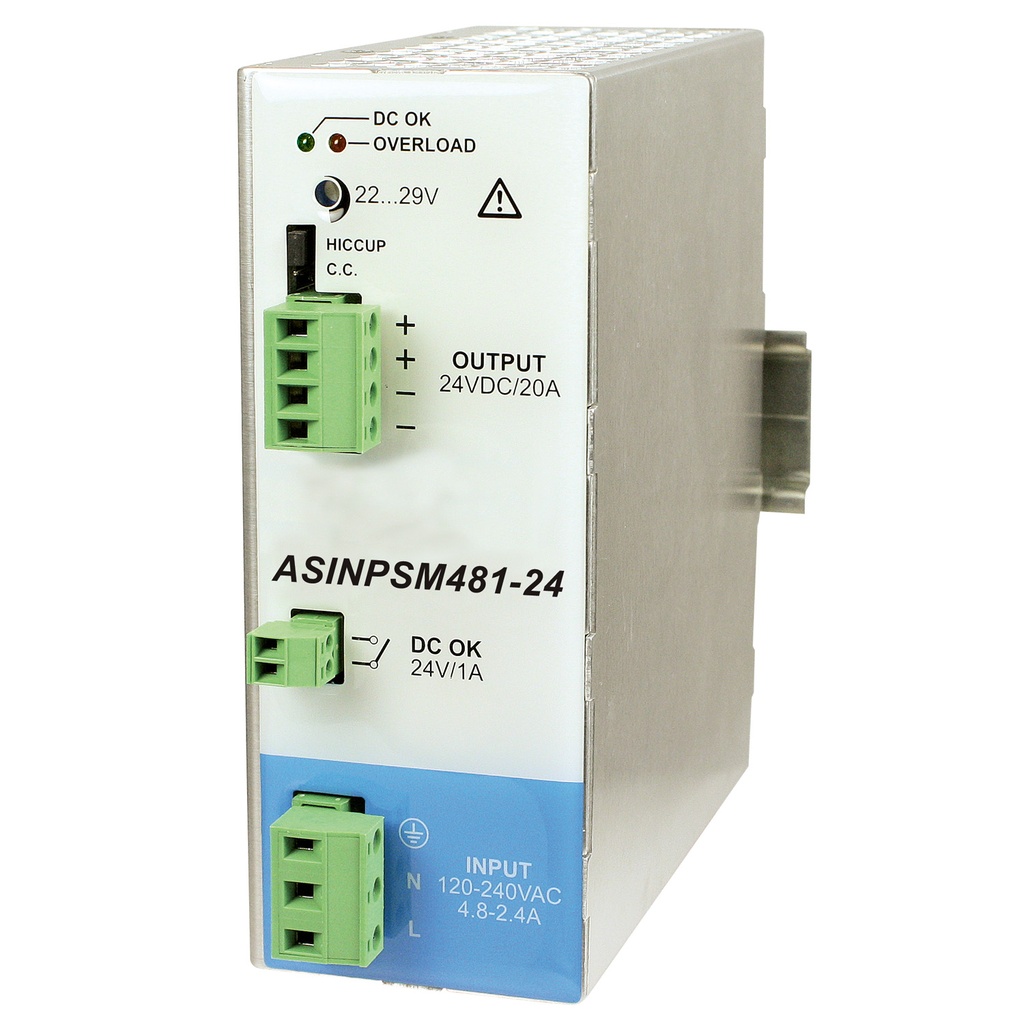 480W, 120/240VAC Input, 24VDC x 20A Output, DIN Rail Mount Power Supply, Compact Design