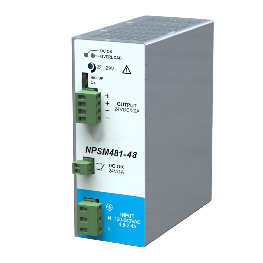 480W, 120/240VAC Input, 48VDC x 10A Output, DIN Rail Mount Power Supply, Compact Design