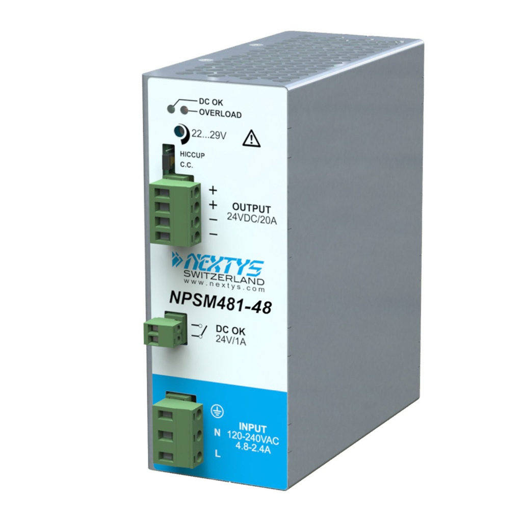 480W, 120/240VAC Input, 48VDC x 10A Output, DIN Rail Mount Power Supply, Compact Design