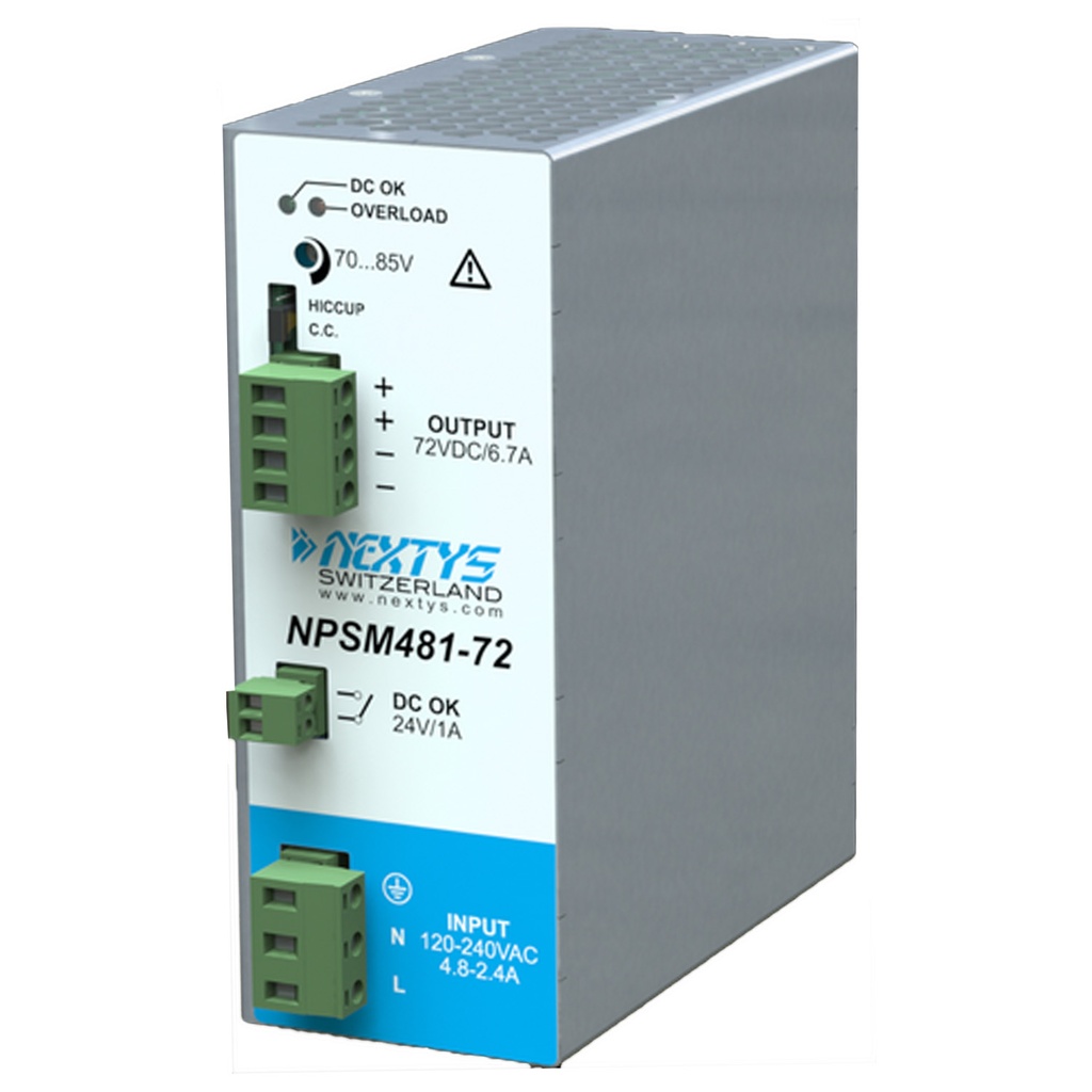 480W, 120/240VAC Input, 72VDC x 6.7A Output, DIN Rail Mount Power Supply, Compact Design