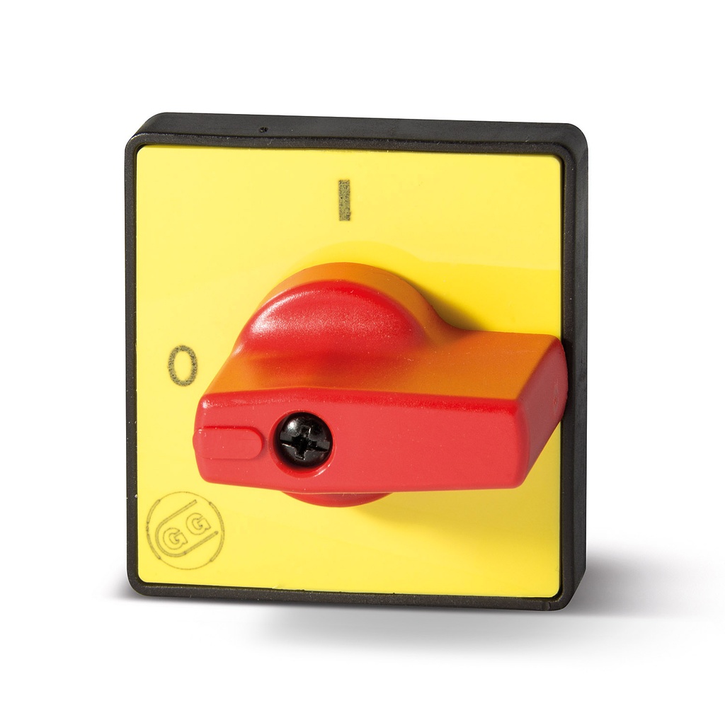 On-Off Cam Switch Handle, Red Knob, Yellow Plate, 0 to Left, 1 at Top