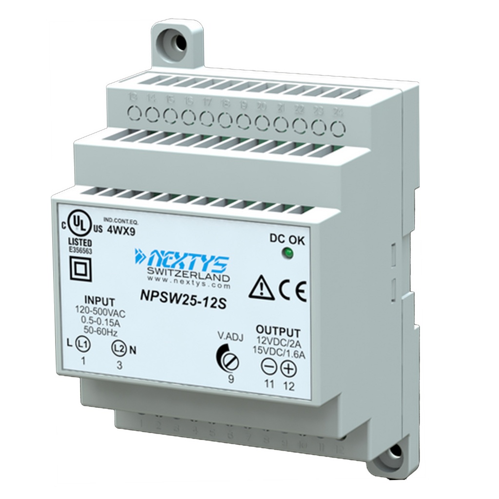 12V 2A DIN Rail Power Supply, 1-2 Phase 90-550V Input