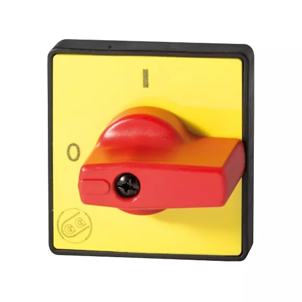 On-Off Cam Switch Handle, Red Knob, Yellow Plate, Spring Return to Off, Non-locking, IP65, UL50 Type 13