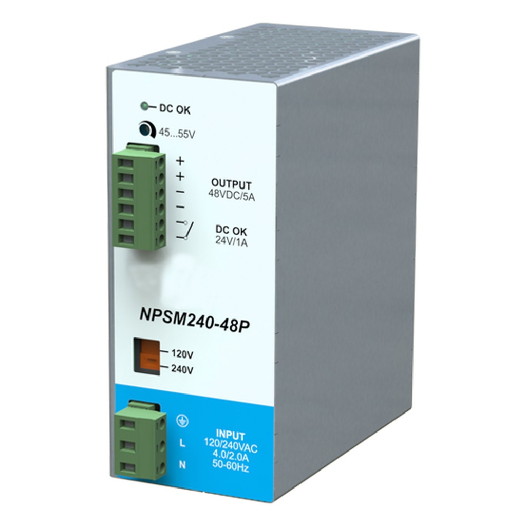 72 V DC DIN Rail Power Supply, 120/240V AC Input, 3.5Amp