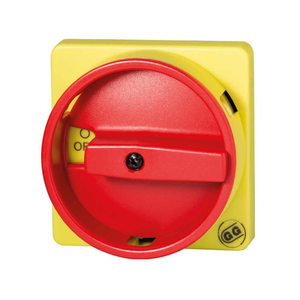 Switch Handle, 3 Position 1-0-2, Locking, Red/Yellow, 67x67mm