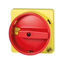 On-Off Cam Switch Handle, Red Handle, Yellow Plate, 2 Position, 0 at Top, 1 at Right, Locking, Accepts 3 Padlocks, IP65, NEMA 4X