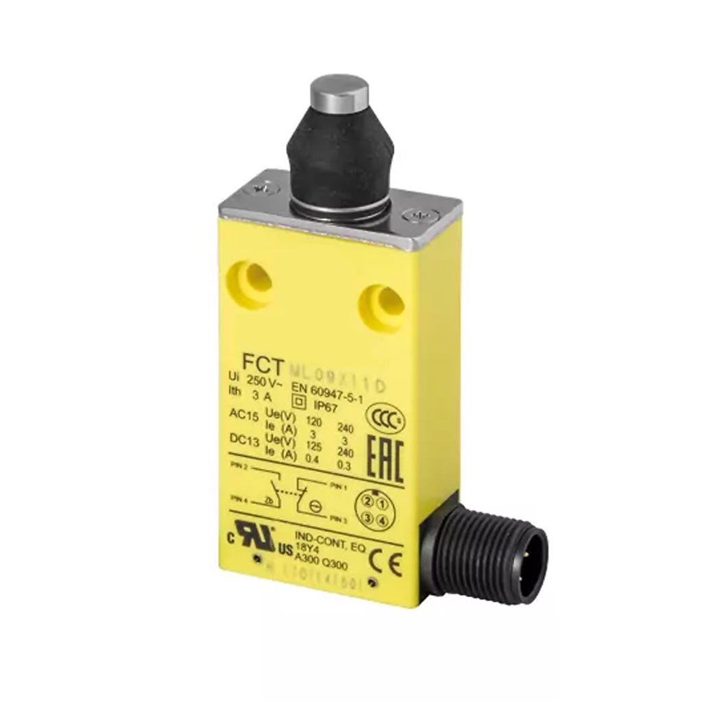 Plunger Limit Switch, Slow Break, 1 NC 1 NO, M12 Connector For Fast Cable Connections, FCTML09X11D