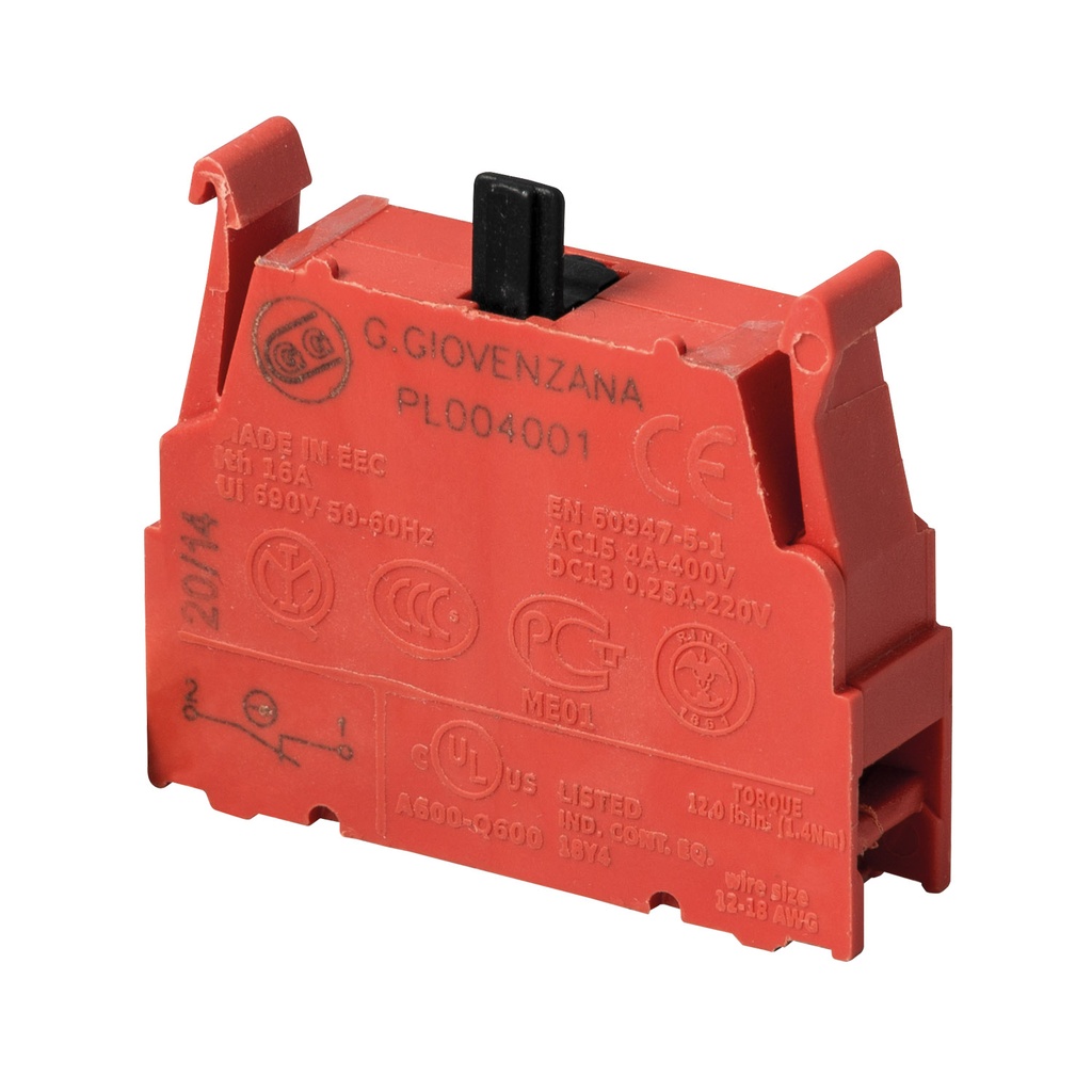 Contact Block w/screw Terminals, 1NC, 10A, 600V  (RED)