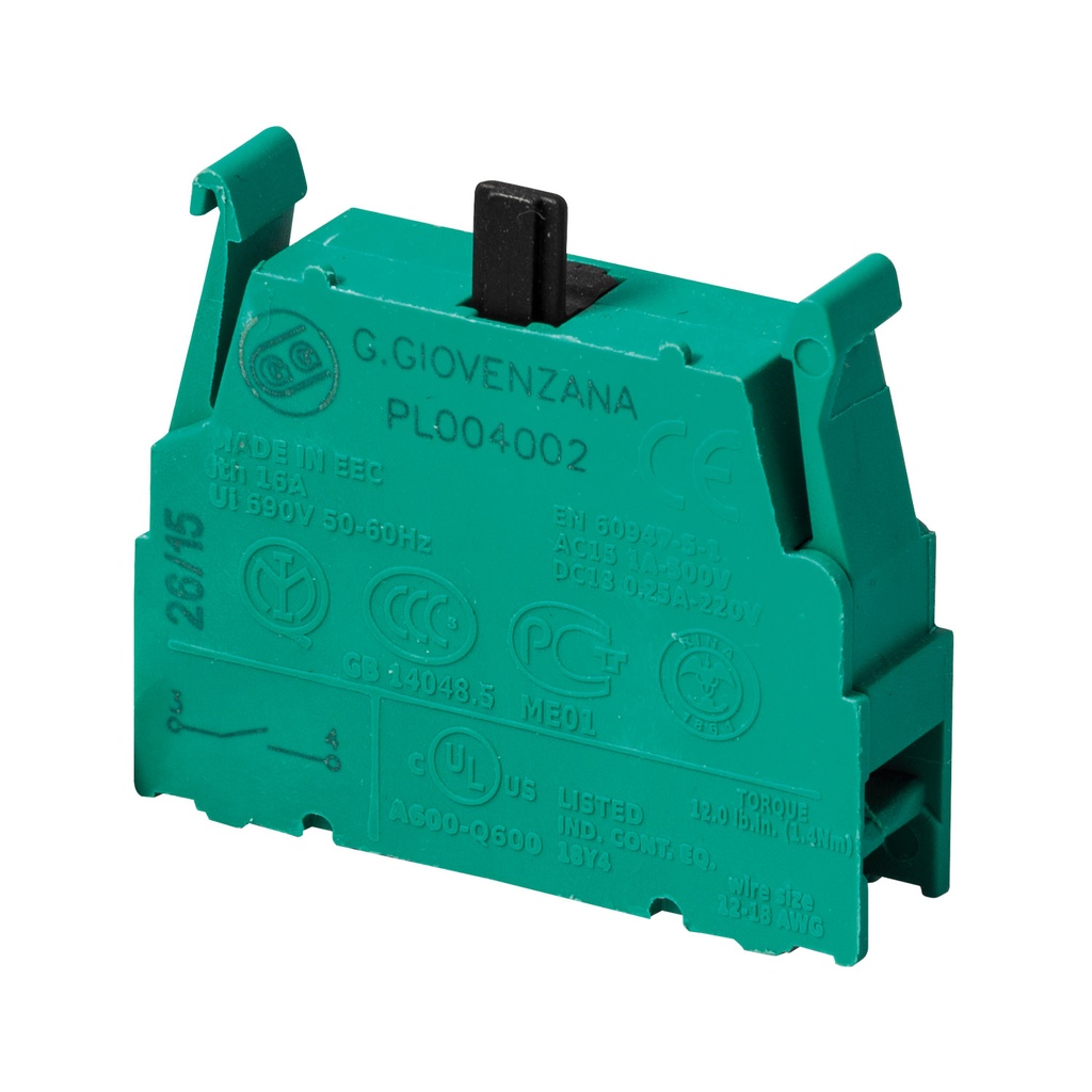 Contact Block w/Screw Terminals, 1NO, 10A, 600V  (GREEN)