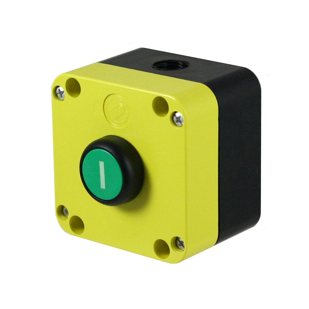 Push Button Enclosure With Green Momentary Push Button With On Symbol, NO Contact, Yellow IP65 Enclosure