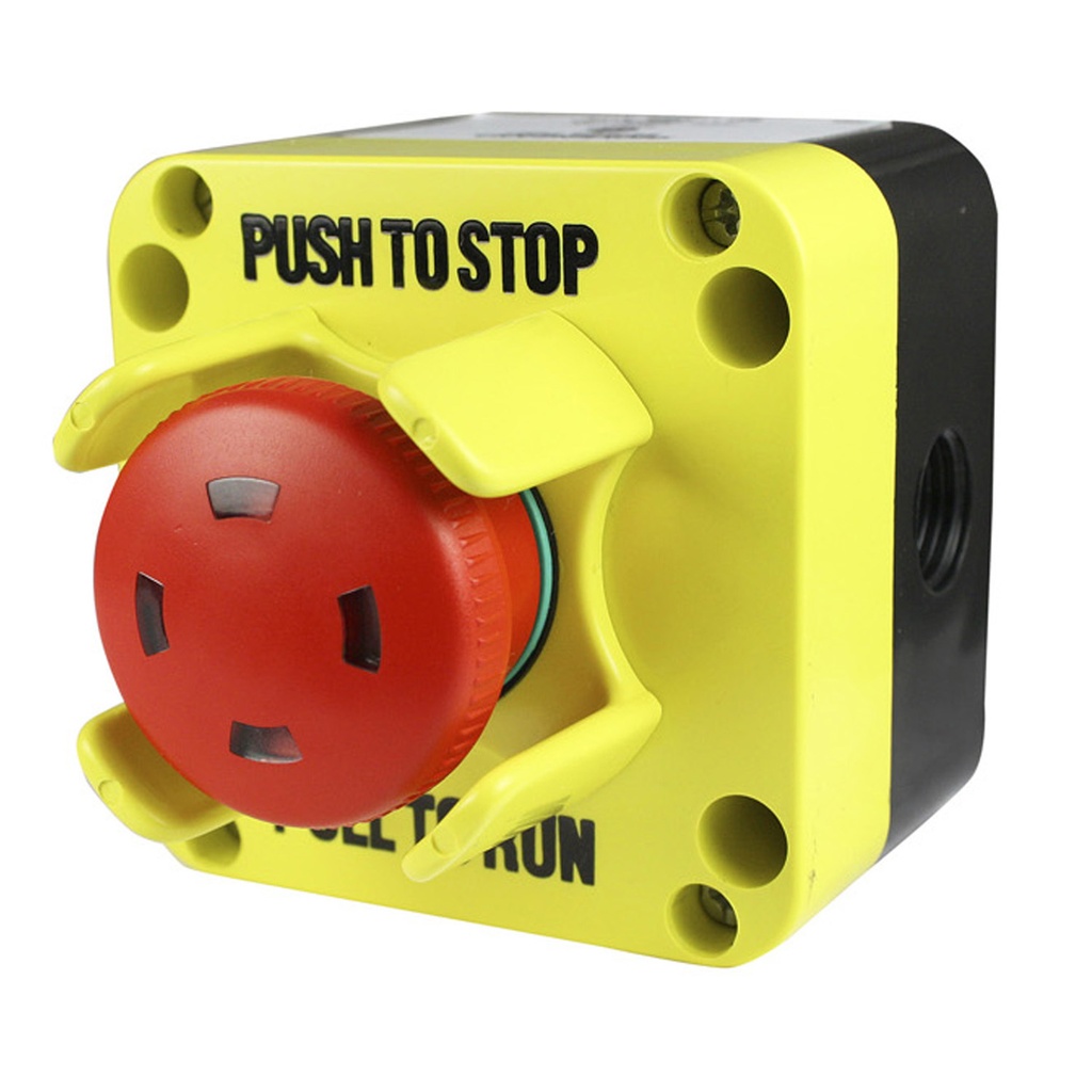 Emergency Stop Control Station (E-Stop) | Push to Stop, Pull to Run | 40mm Red E-Stop Button | Visual Indicator | NEMA 4 Enclosure | Vertical Knockout | 1NC Contact