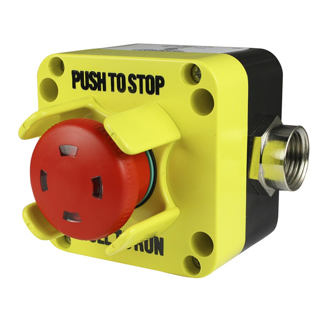 Emergency Stop Control Station (E-Stop) | Push to Stop, Pull to Run | 40mm Red E-Stop Button | Visual Indicator | NEMA 4 Enclosure | 1/2" NPT Fitting | Horizontal Knockout | 1NC Contact