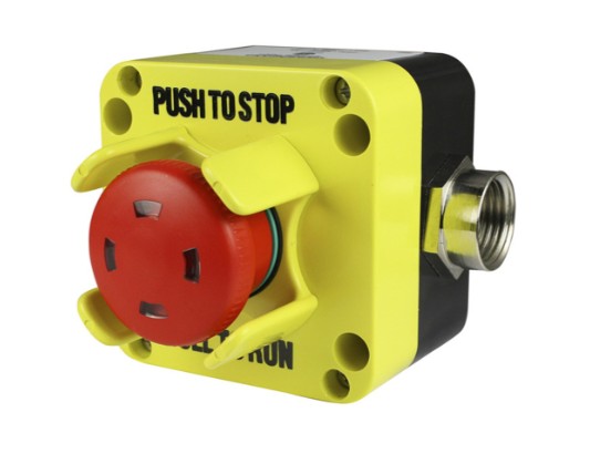 Emergency Stop Control Station (E-Stop) | Push to Stop, Pull to Run | 40mm Red E-Stop Button | Visual Indicator | NEMA 4 Enclosure | 1/2" NPT Fitting | Horizontal Knockout | | 1NC Specialty Safety Contact