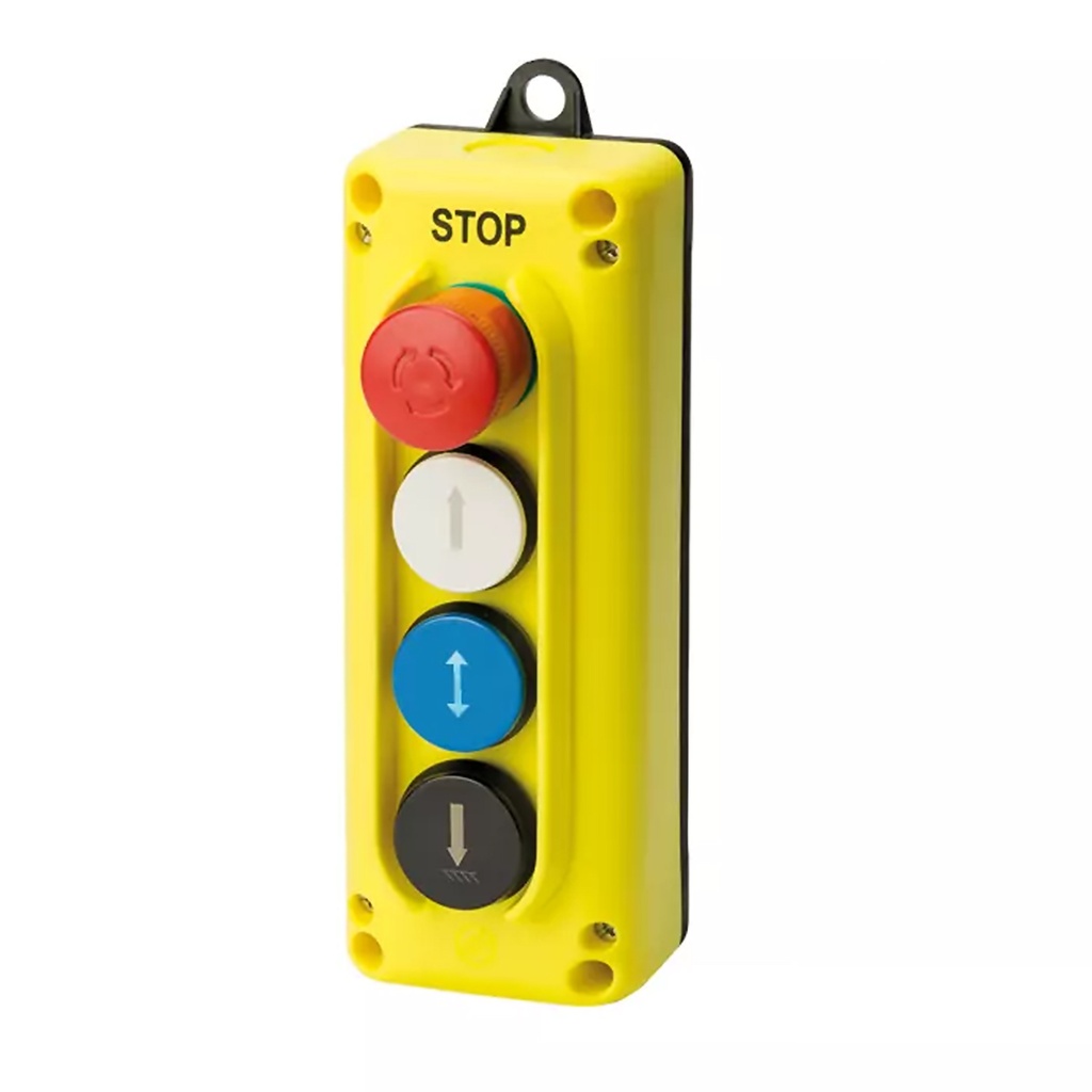 ASI TLP4.A 4-Button Pendant Control Station | E-Stop, Up, Enable, Down Buttons | NEMA 4, IP65 Rated | Includes M20 Cable Gland | Industrial Hoist & Crane Control