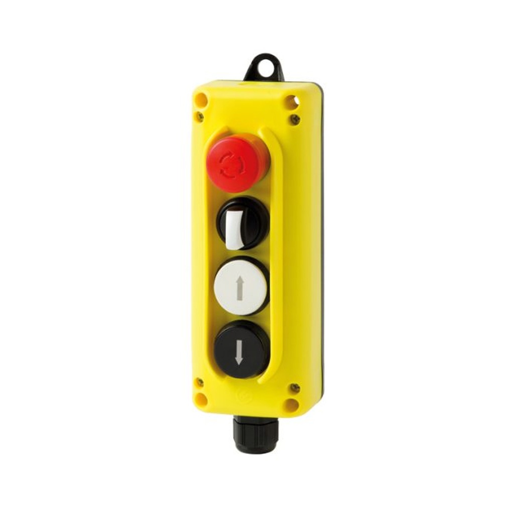 ASI TLP4.E 4-Button Pendant Control Station | Up, Down, Selector Switch & Emergency Stop | 1 NC & 3 NO Contacts | NEMA 4, IP65 Rated | Includes M20 Cable Gland | Industrial Hoist & Machine Control