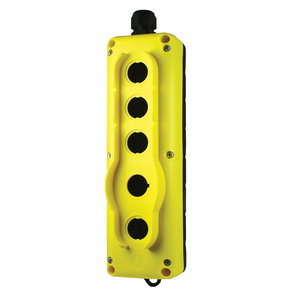 5 Hole Pendant Station Enclosure, 5 Hole Control Station Enclosure, Yellow Cover, Black Base, Includes M20 Cable Gland