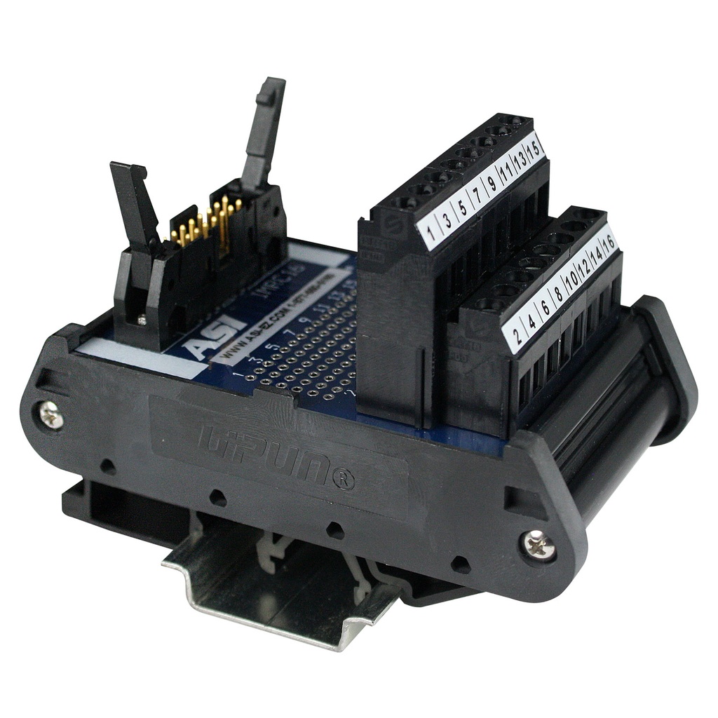 16-Pin Ribbon Cable Breakout Board | DIN Rail Mount | IDC Connector to Screw Terminal Blocks | ASI10002 IMRC16